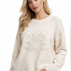 Haute Hippie Cream Sweater with Swan Design, Size Large